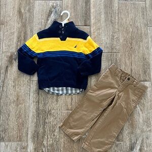 Nautica 3T boy's 3-pc set quarter-zip sweater,plaid button-down shirt, khaki NEW